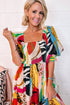 White Square Neck Smocked Abstract Print Boho Maxi Dress